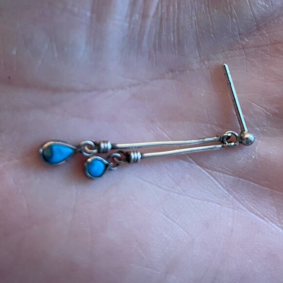 Vintage Dainty Sterling Silver (925) & Turquoise Dangle Earrings 1.5" drop Sz OS - Picture 6 of 10